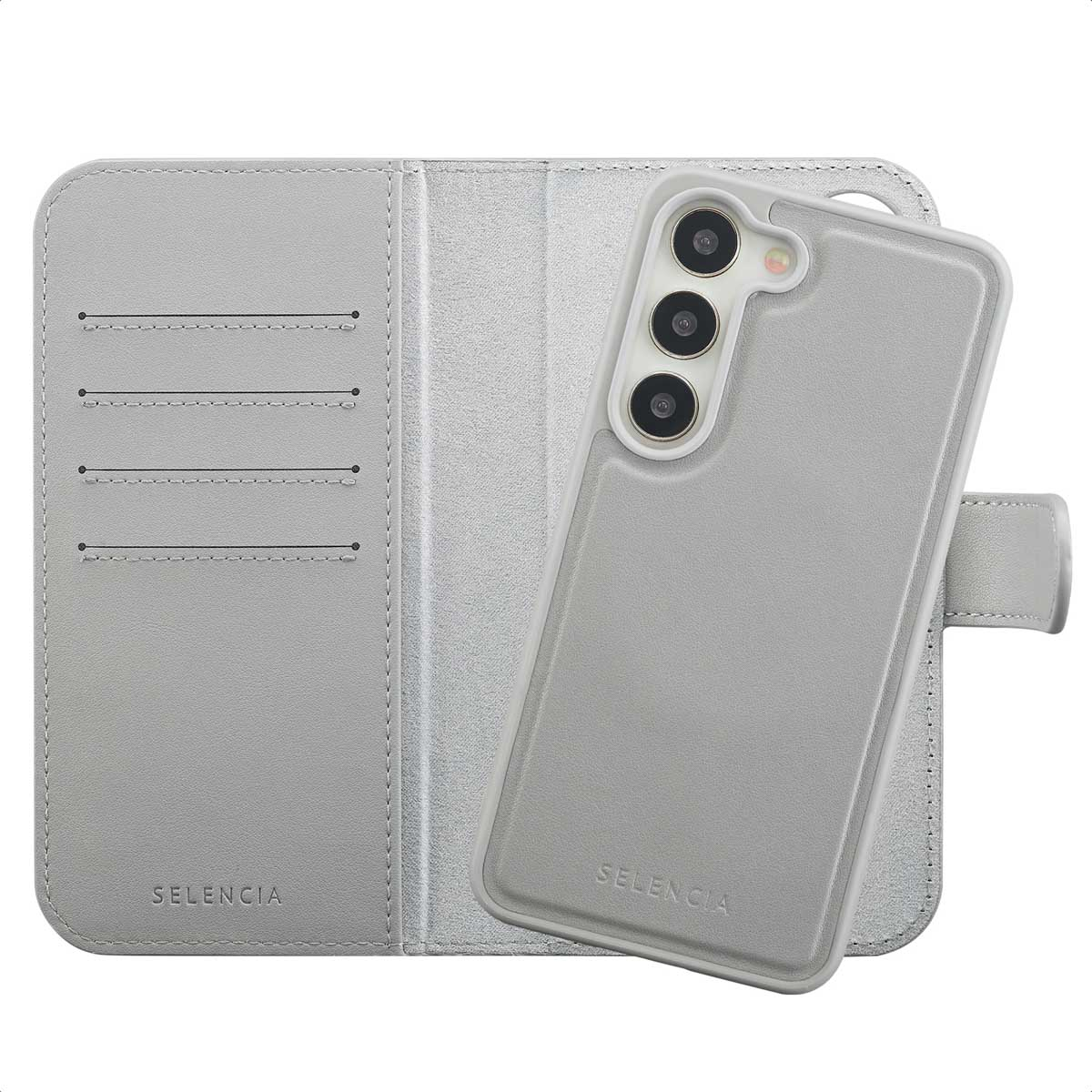 Une coque et un portefeuille de téléphone gris clair avec la marque Selencia. La coque de téléphone contient un téléphone à trois caméras.