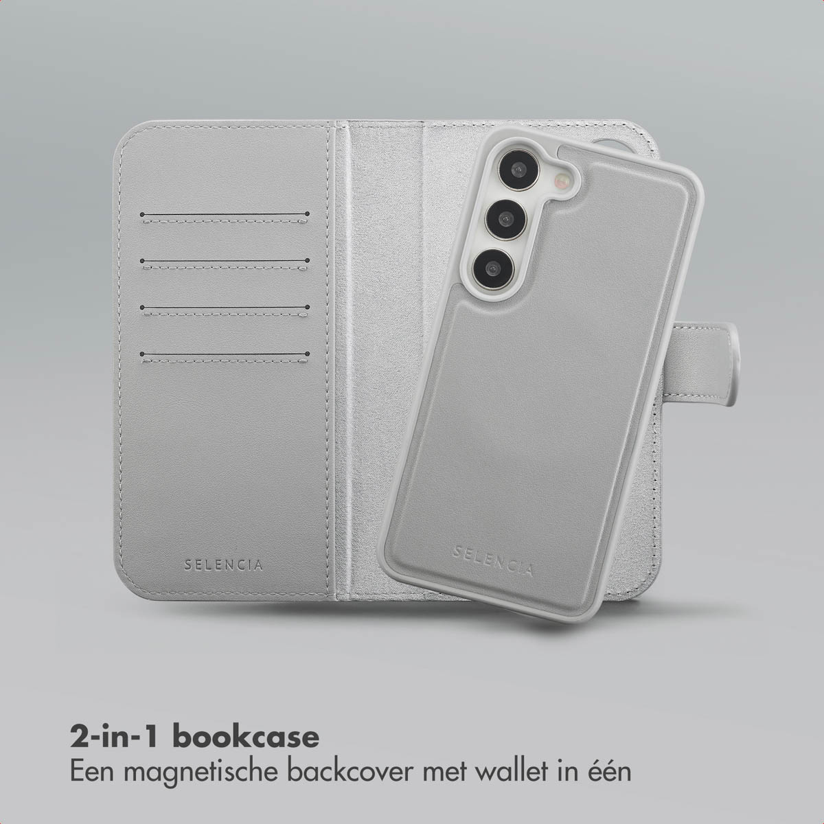 Un étui de téléphone de type livre 2-en-1 gris clair. Il comprend une coque arrière magnétique et un portefeuille. L'étui est ouvert, montrant les détails intérieurs.