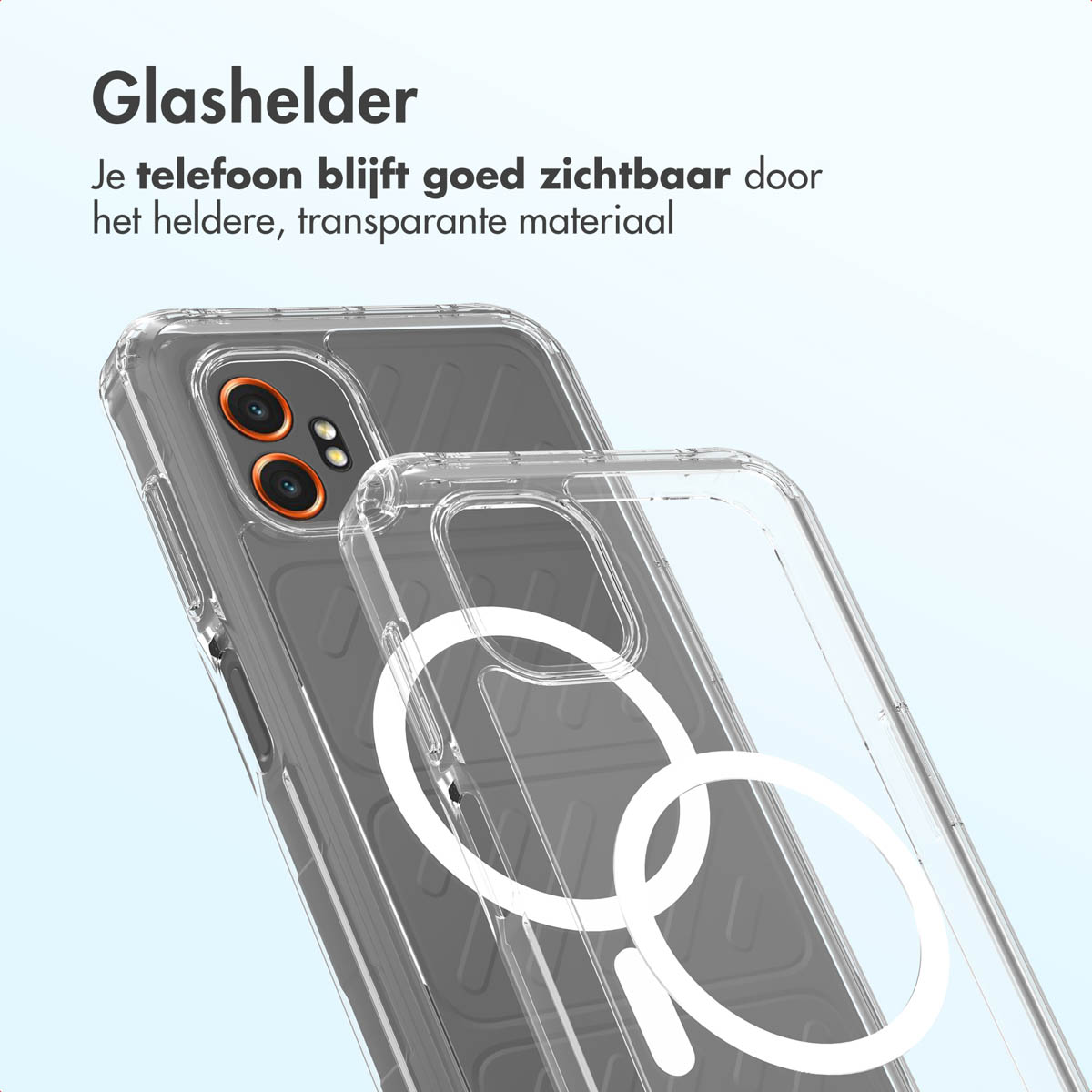 Un étui de téléphone transparent est présenté, montrant le téléphone à l'intérieur. Texte blanc en haut. Le téléphone a deux objectifs de caméra orange.