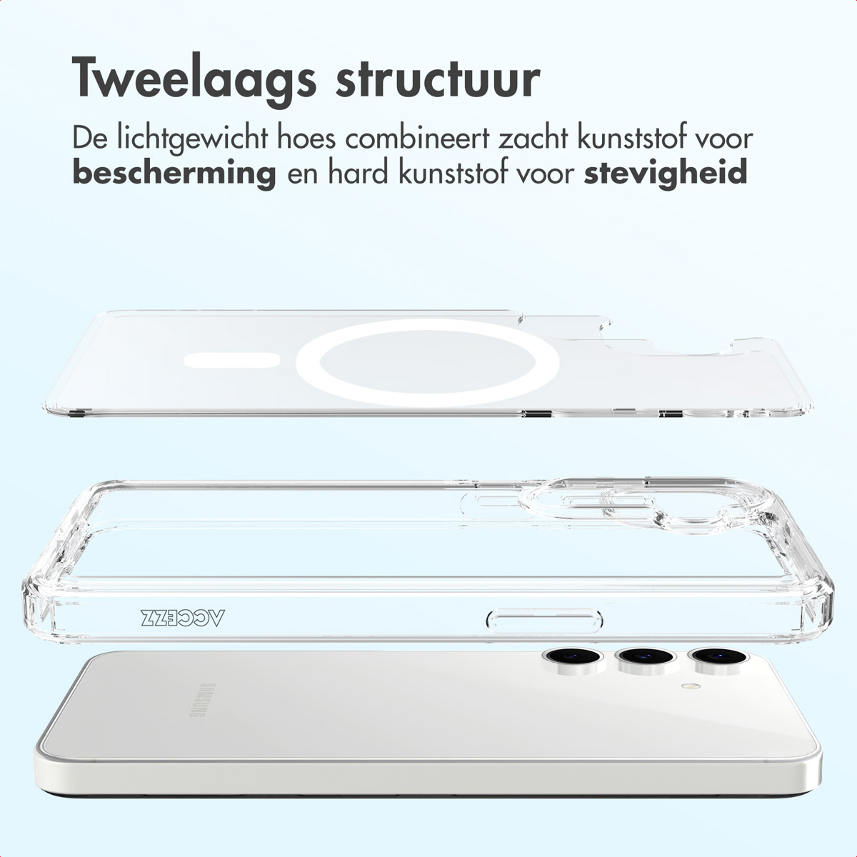 L'image montre un téléphone avec trois couches protectrices transparentes. Le texte met en évidence la structure : souple pour la protection, dur pour la durabilité.