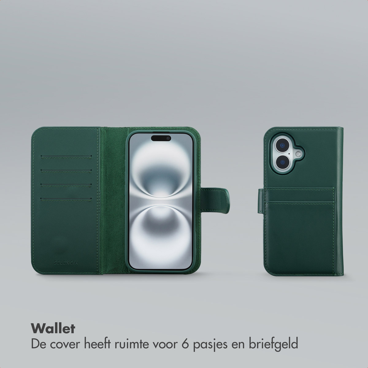 Groene portemonneehoes voor een smartphone. De portemonnee heeft ruimte voor zes kaarten en een portemonnee. Twee delen worden weergegeven.
