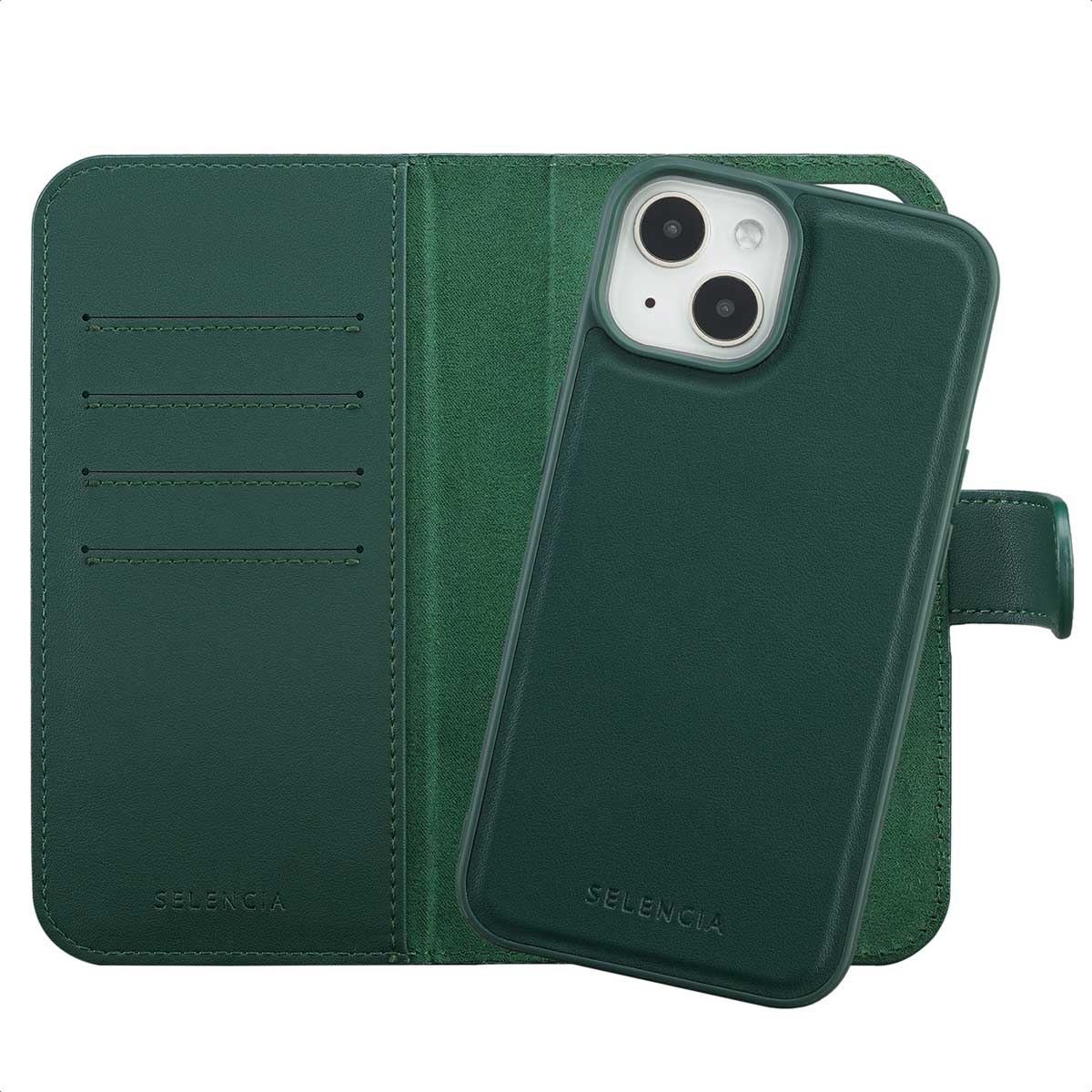 Groene telefoonhoes en portemonnee met een telefoon erin. De merknaam 'Selencia' staat op beide afgedrukt. De achtergrond is wit.