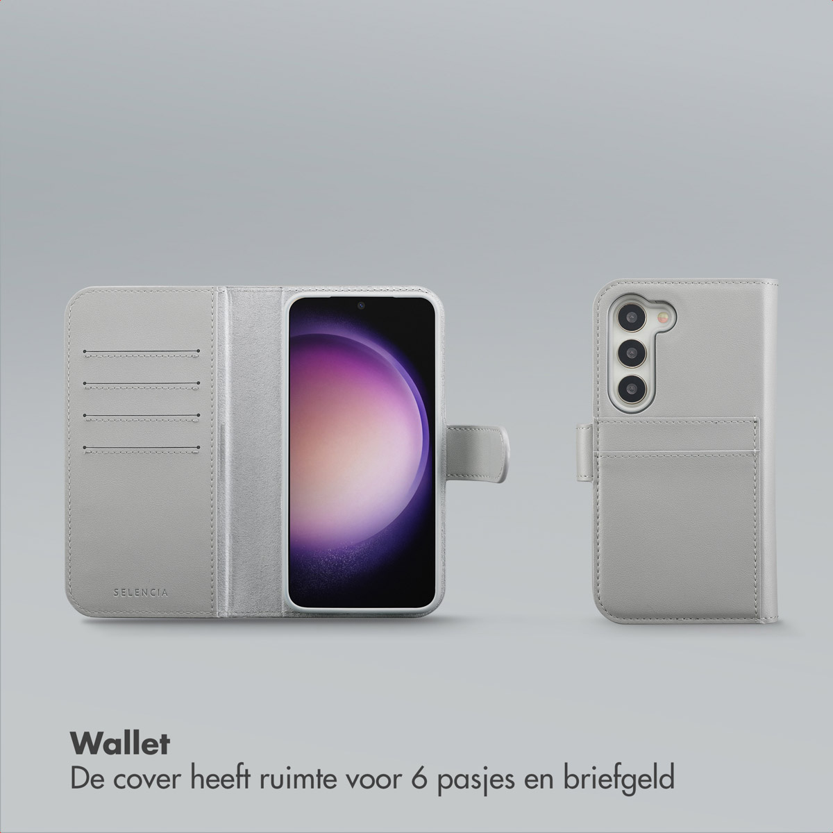 Un étui portefeuille gris clair pour smartphone, présenté ouvert et fermé. L'étui ouvert montre l'écran et des fentes pour cartes.