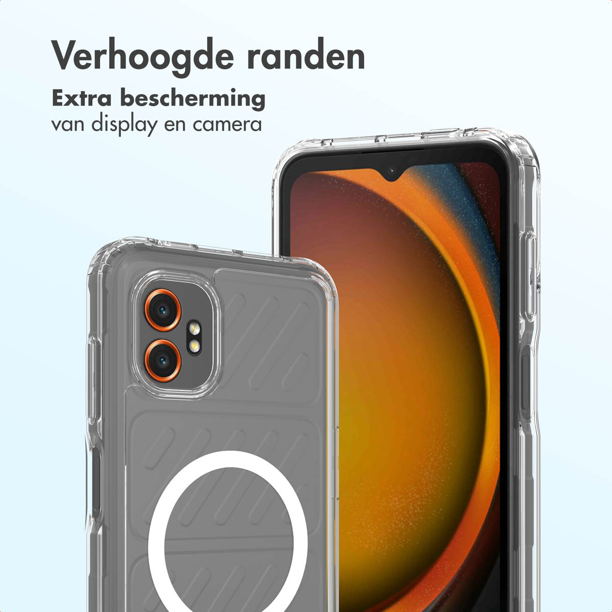 Deux téléphones avec des étuis de protection. Le dos d'un téléphone est visible, montrant l'appareil photo et un anneau blanc. Texte: Protection supplémentaire pour l'écran et la caméra.
