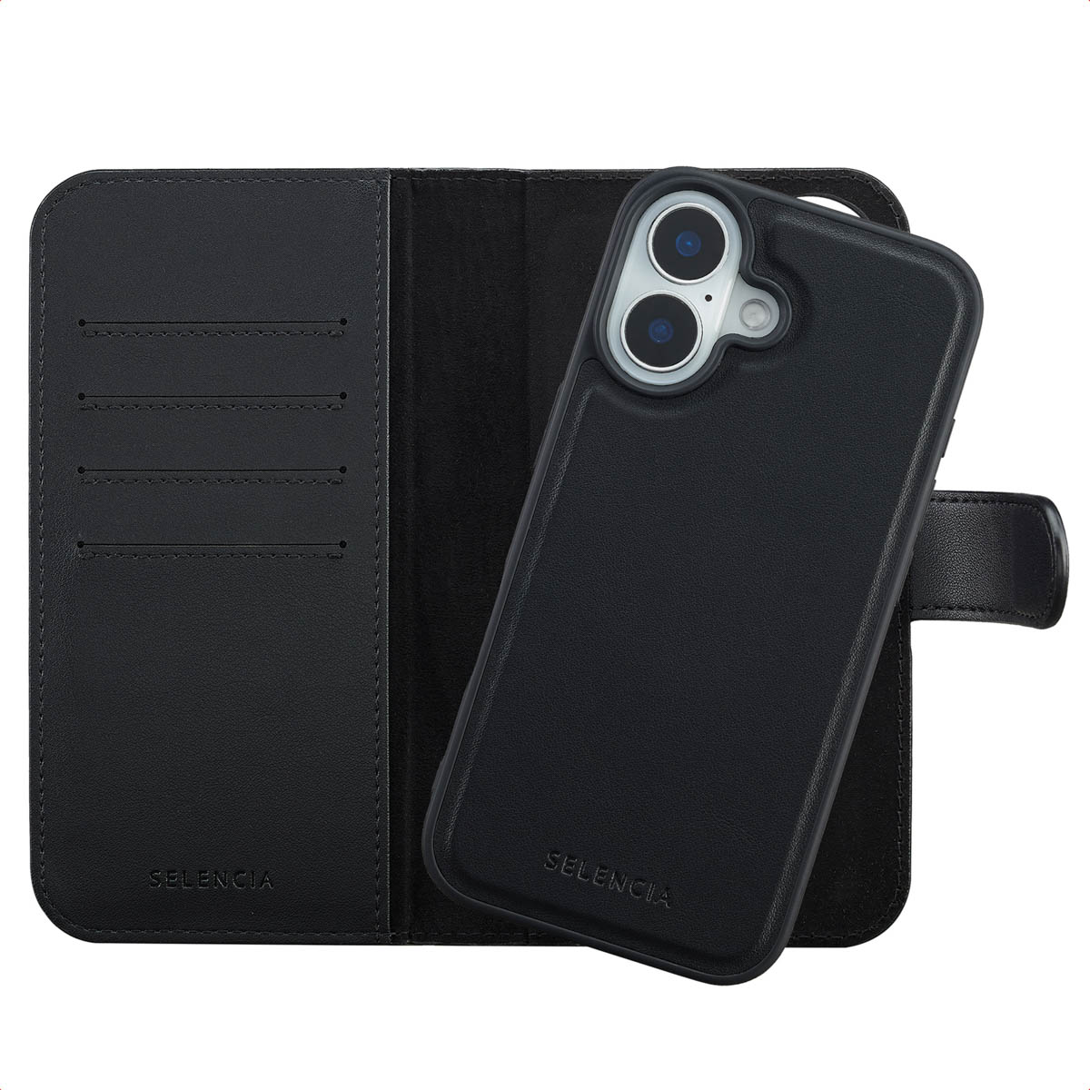 Étui de téléphone et portefeuille noirs avec le téléphone partiellement inséré. La marque 'Selencia' est visible. Le fond est blanc.