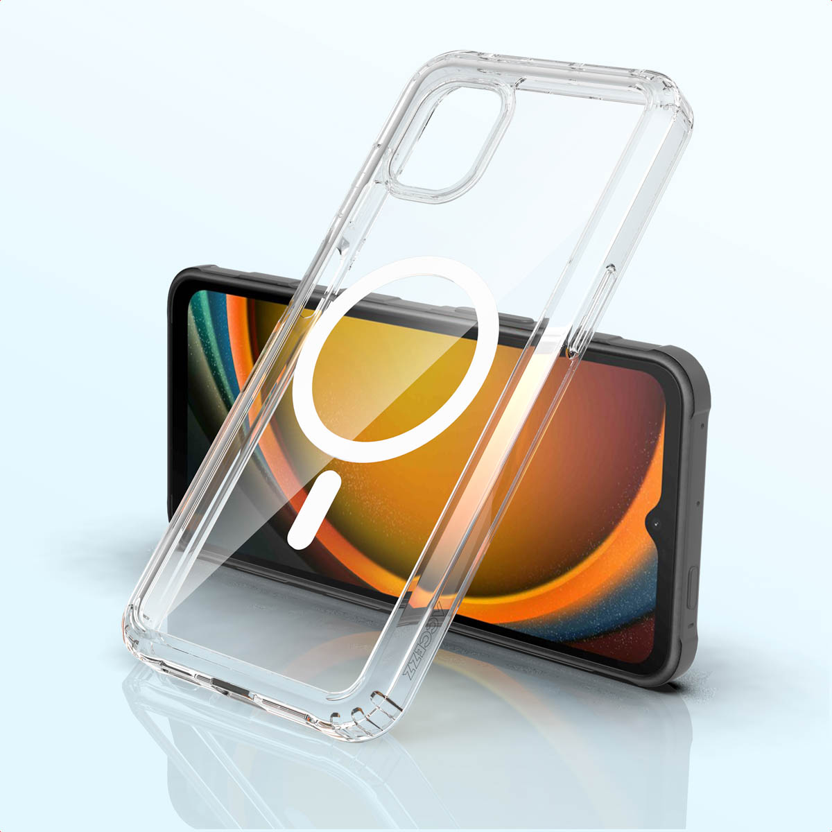 Une coque de téléphone transparente avec un design circulaire blanc est placée sur un téléphone. L'écran du téléphone affiche un fond orange et jaune.