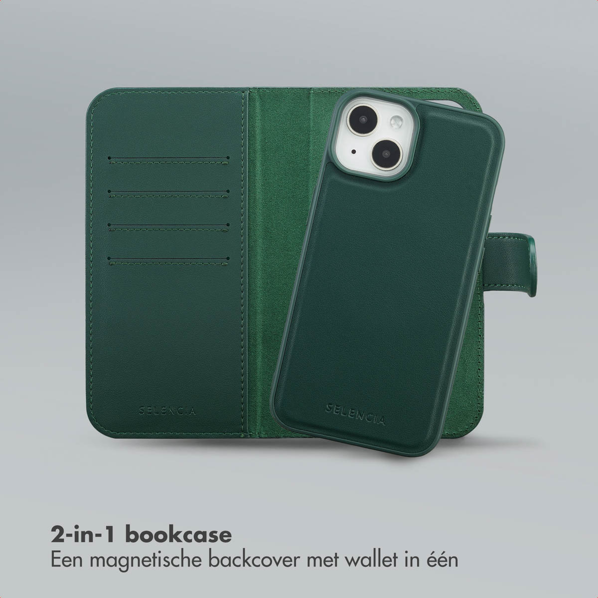 Groene telefoonhoes met open portemonnee. De hoes is voor iPhone. De achtergrond is grijs.