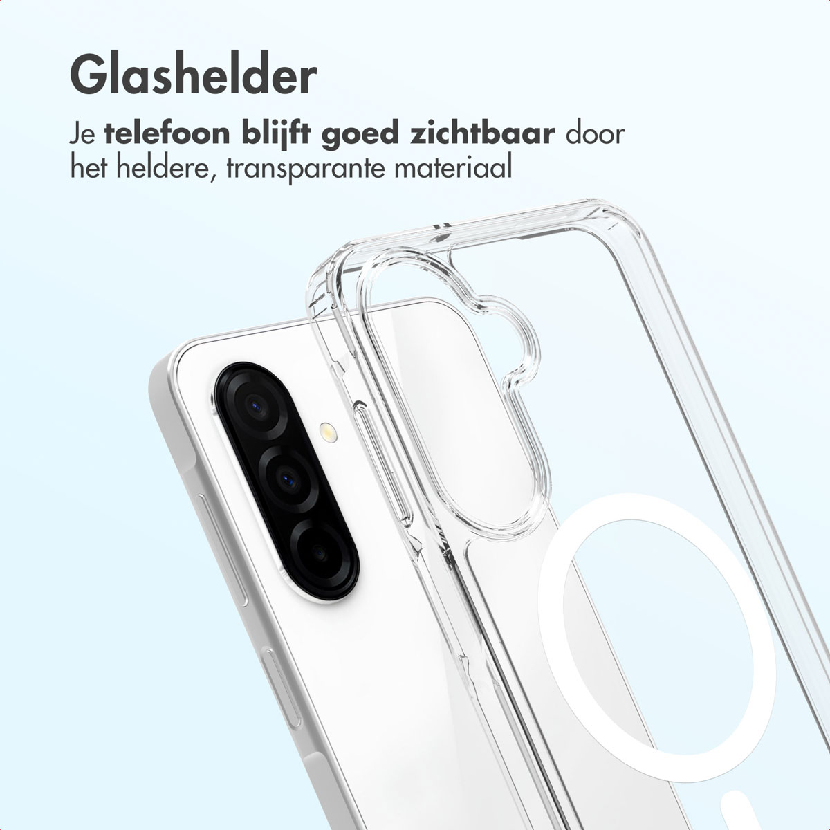Una custodia trasparente per telefono su un telefono bianco. Il telefono ha tre fotocamere e un segno circolare bianco.
