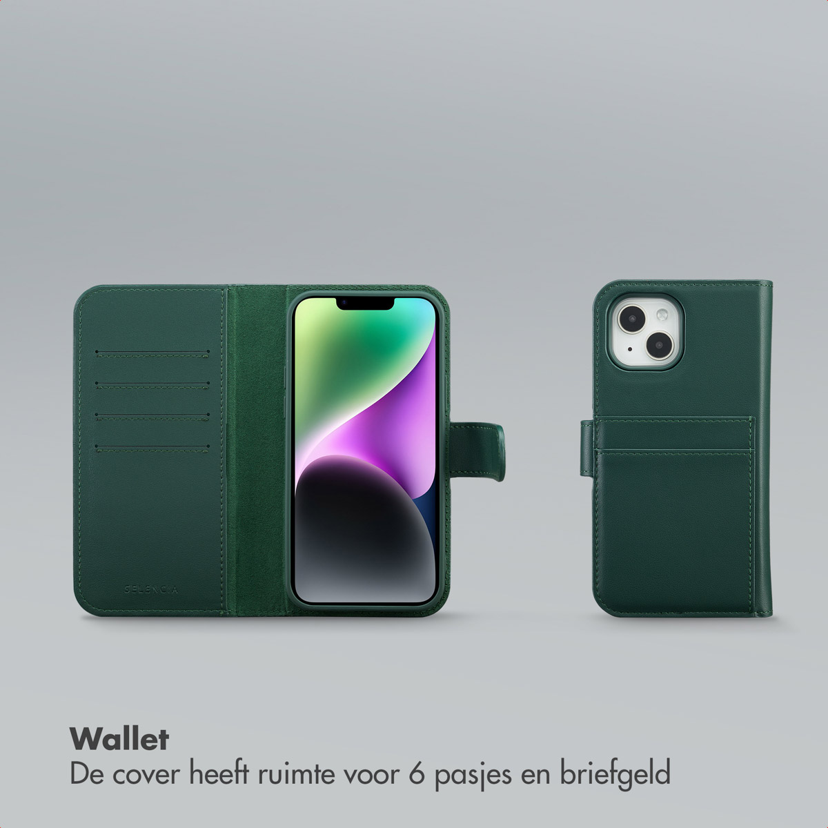 Groene leren telefoonhoes, open en dicht, iPhone erin. Open hoes heeft kaartsleuven. Tekst onderaan zegt 'Wallet'.
