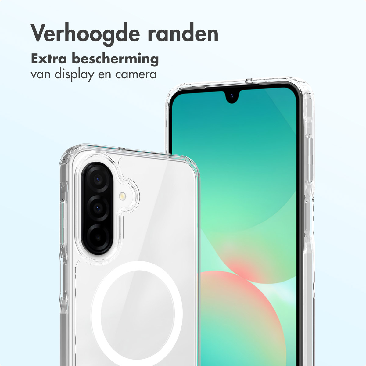 Due custodie trasparenti per telefoni, una con un telefono dentro. Lo schermo è verde con una sfumatura rosa e arancione.