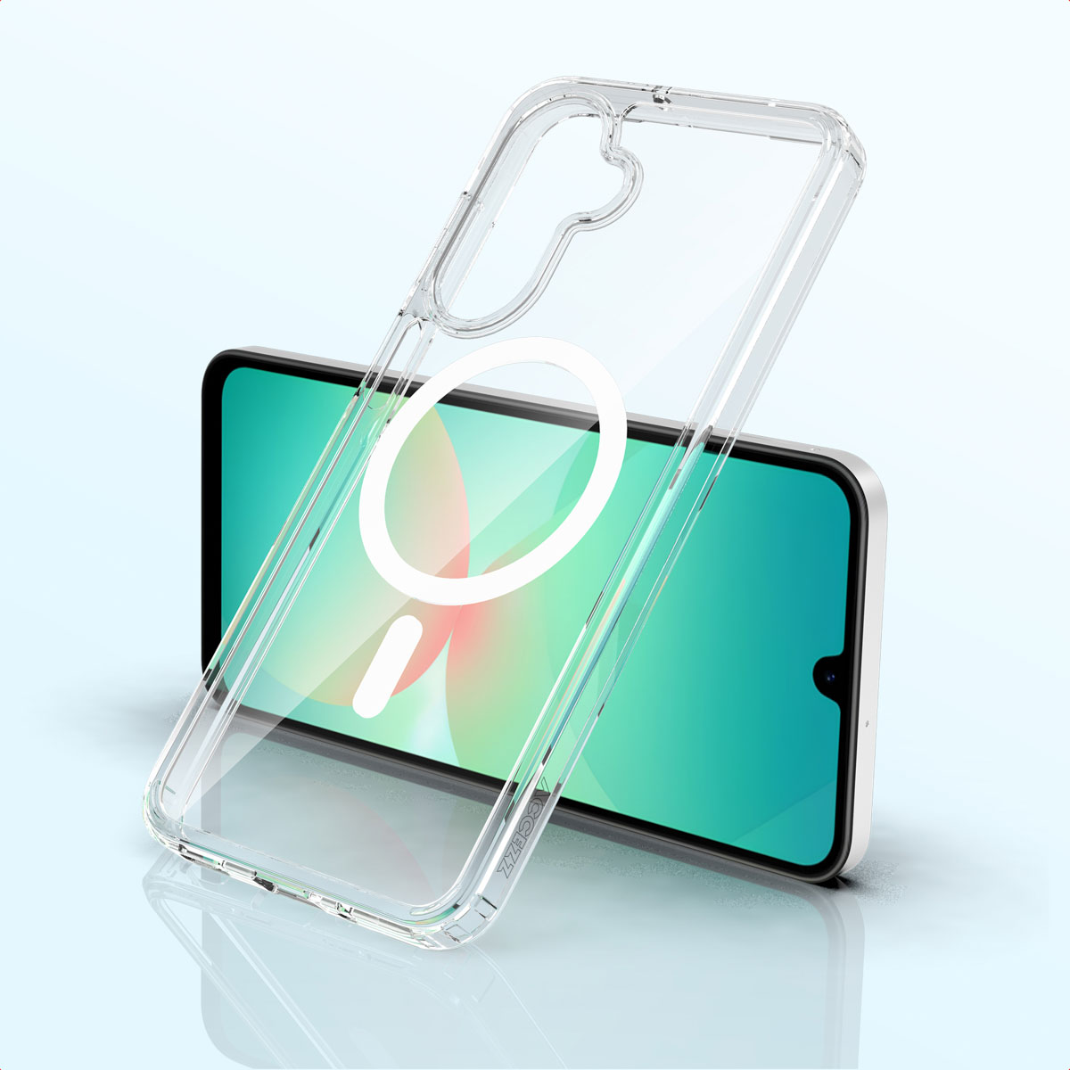 Una custodia trasparente per telefono su uno smartphone. Il telefono mostra uno schermo verde con un cerchio bianco. Sfondo sfumato blu.
