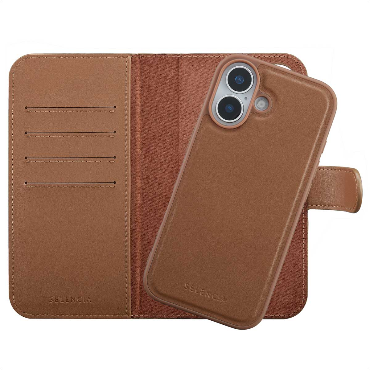 Étui de téléphone en cuir marron ouvert. Téléphone avec double caméra à l'intérieur. L'étui a des fentes pour cartes et le nom de la marque SELENCIA.