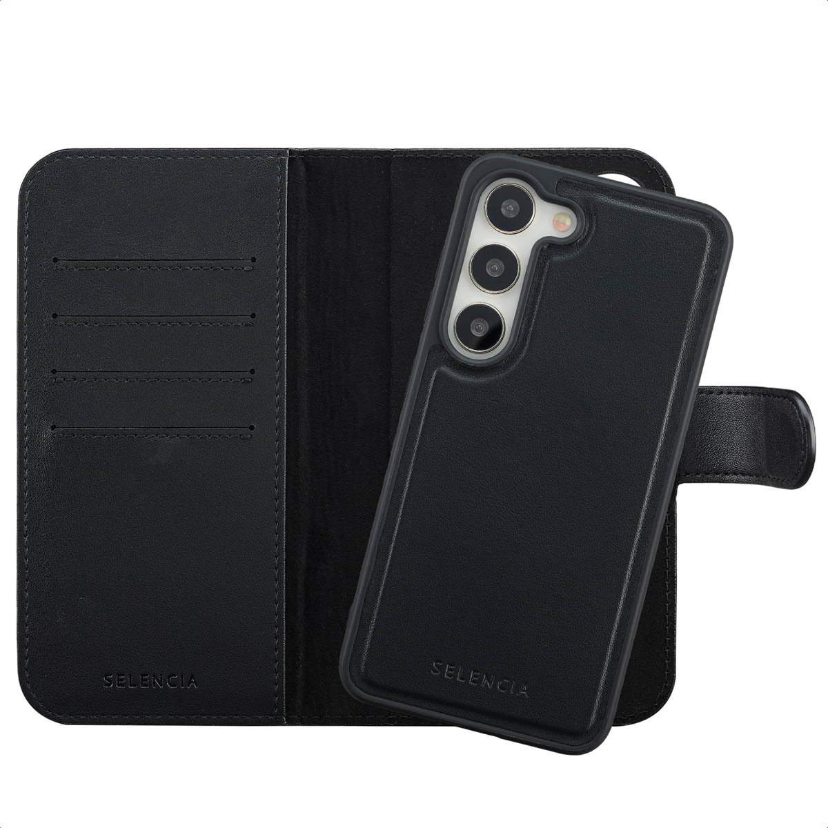 Ensemble étui de téléphone et portefeuille noirs. L'étui a trois objectifs. Le portefeuille comporte plusieurs fentes pour cartes et une fermeture magnétique.