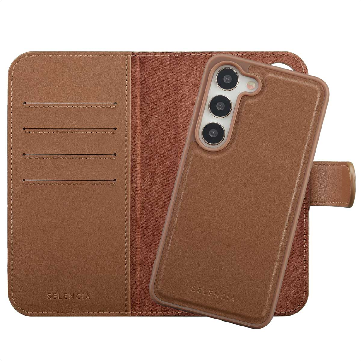 Étui de téléphone en cuir marron. L'étui est ouvert, révélant le téléphone et des fentes pour cartes. La marque est visible.
