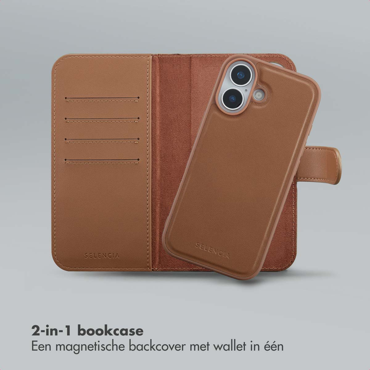 Un étui de téléphone en cuir marron avec fonction portefeuille, ouvert. L'étui porte la marque 'SELENCIA'.