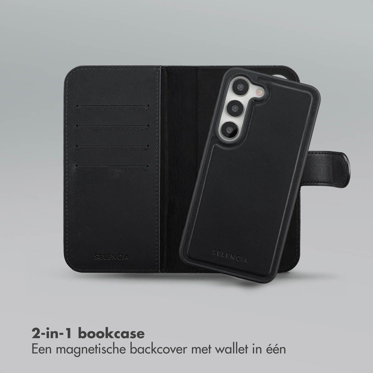 Étui de téléphone noir avec fonction portefeuille, ouvert pour montrer l'intérieur et le téléphone. Fond gris clair.