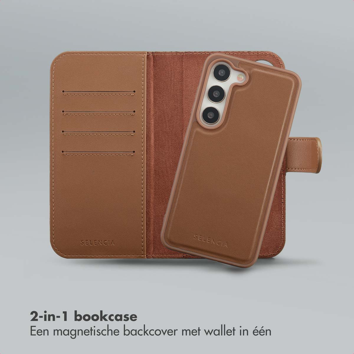 Un étui de téléphone 2 en 1 marron, ouvert, avec un téléphone à droite. L'étui a des fentes pour cartes de crédit et un dos magnétique.