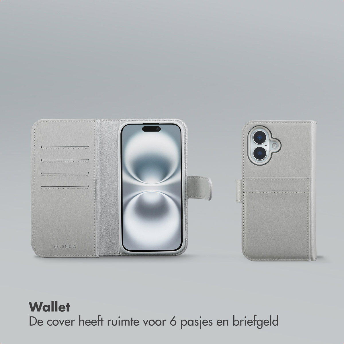 Een lichtgrijze telefoonportemonnee, open en dicht, met een telefoon erin. De open case toont kaartsleuven. De tekst zegt portemonnee.
