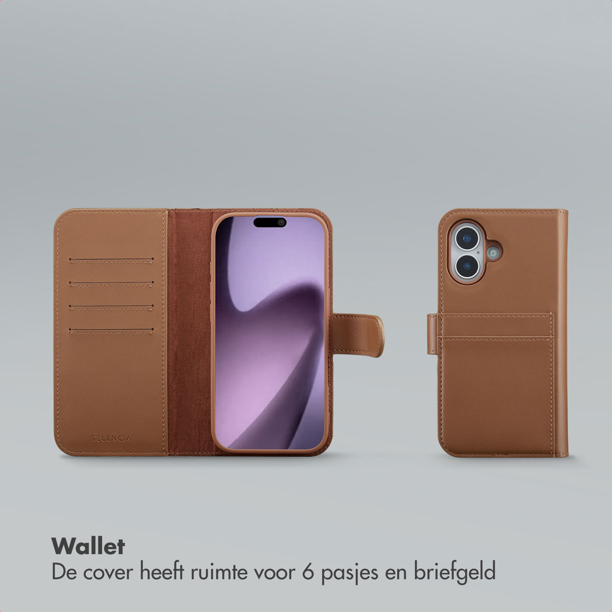 Un étui portefeuille en cuir marron pour un téléphone, ouvert pour afficher le téléphone. Le portefeuille a des emplacements pour cartes et un fermoir.
