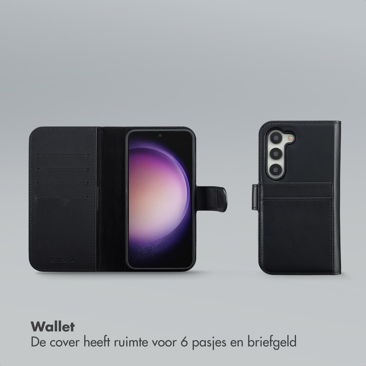 Étui portefeuille noir pour téléphone, ouvert et fermé, avec un téléphone à l'intérieur. Comprend des fentes pour cartes. L'étui a une fermeture magnétique.