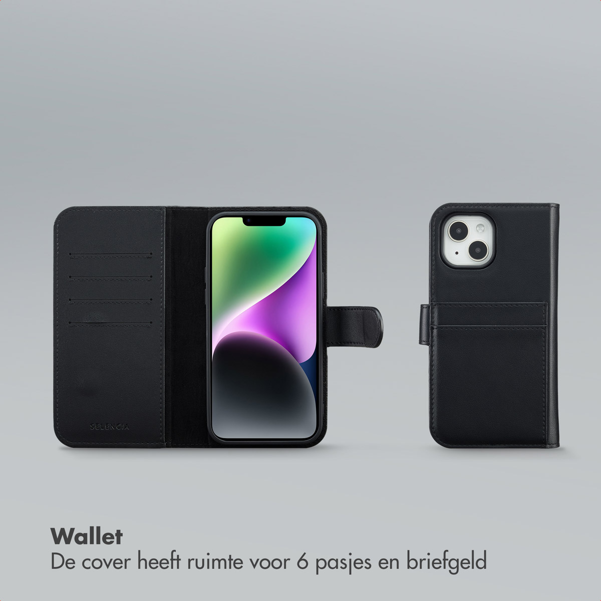 Afbeelding toont een zwarte telefoonportemonnee met een telefoon erin. De portemonnee is links open en rechts gesloten.