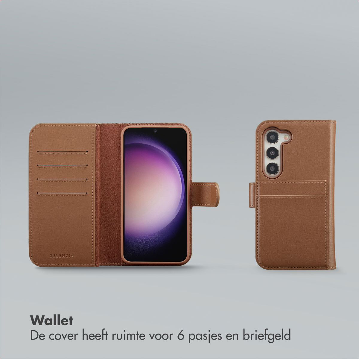 Étui portefeuille en cuir marron, ouvert et fermé. Comprend des fentes pour cartes et l'écran du téléphone visible.
