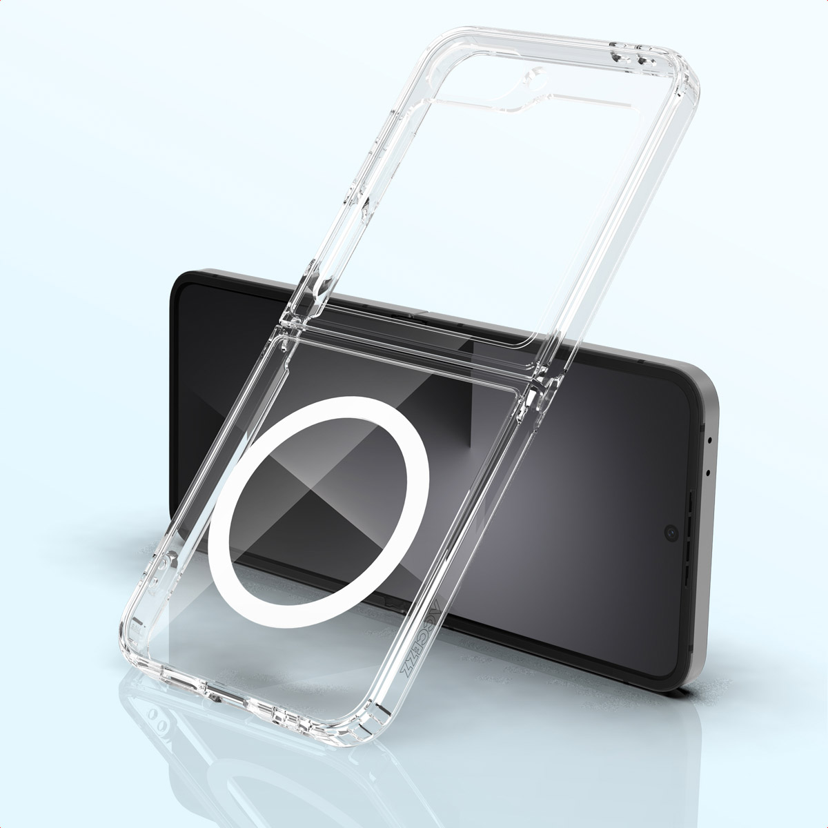 Custodia trasparente per telefono su un telefono nero, con un design circolare bianco. La custodia è leggermente aperta. Sfondo blu chiaro.