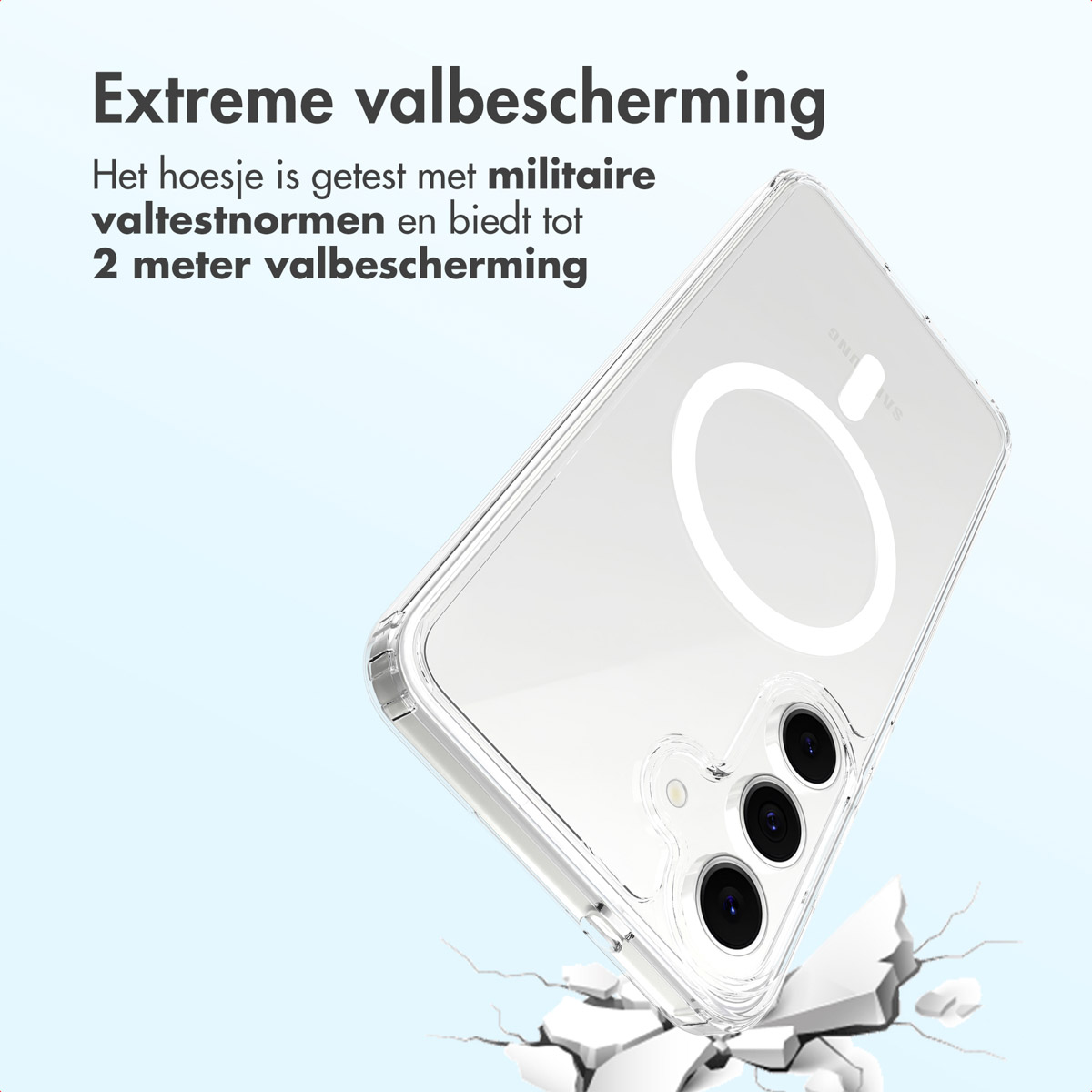 Een doorzichtige telefoonhoes die een telefoon beschermt. De hoes valt en de grond eronder barst. De tekst zegt extreme bescherming.
