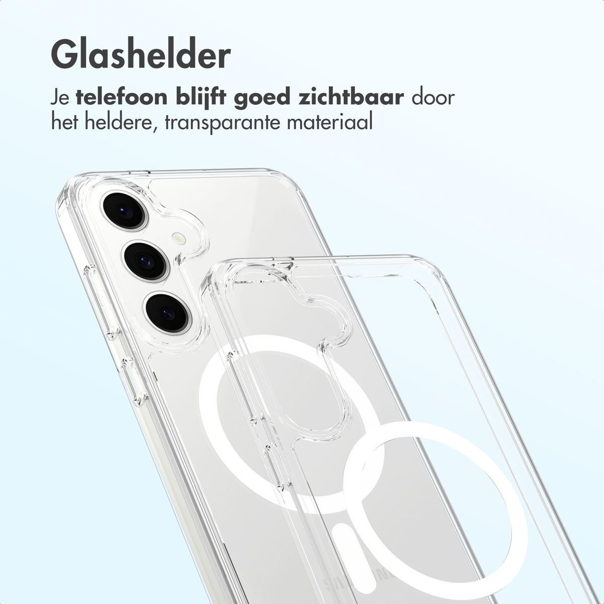 Transparante telefoonhoes met magnetische ring, toont het ontwerp van de telefoon. Tekst in het Nederlands, 'Glashelder' en beschrijving van de helderheid.