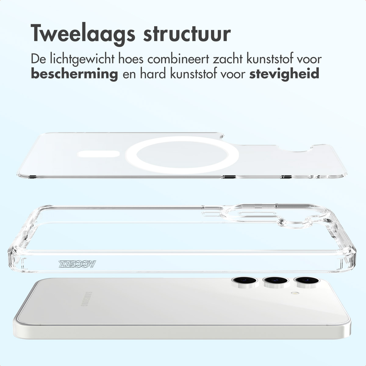 Afbeelding toont een telefoonhoesje met meerdere lagen. Een telefoon eronder. Nederlandse tekst beschrijft de structuur van de hoes.