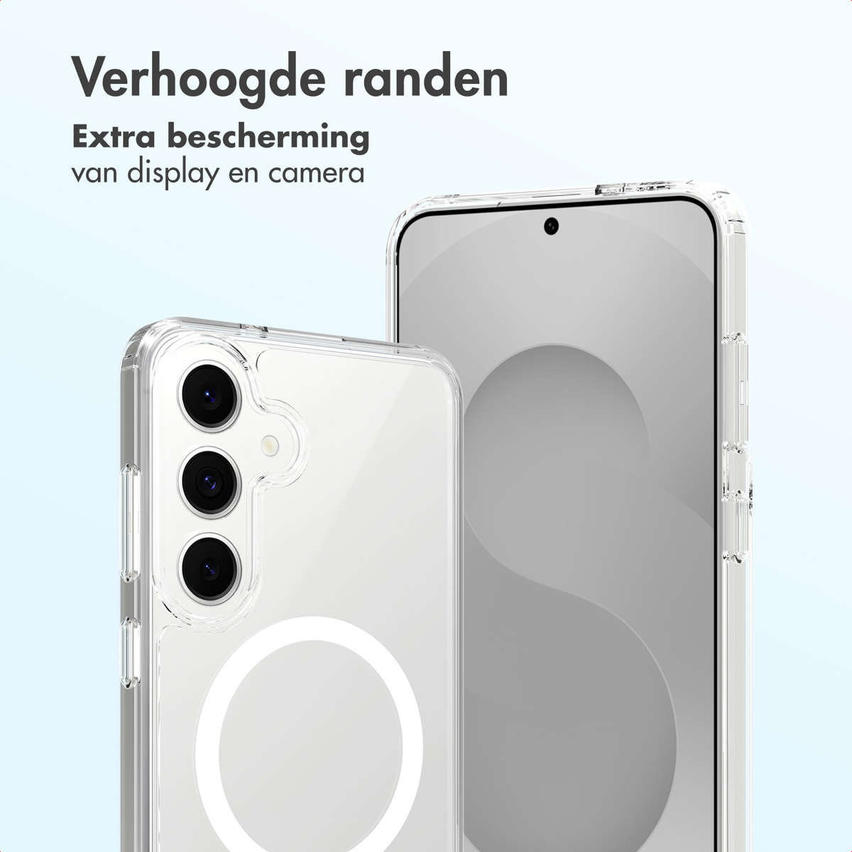 Twee doorzichtige telefoonhoesjes. Eén toont de achterkant met camera's, de andere het scherm. Tekst zegt 'Verhoogde randen' en 'Extra bescherming'.