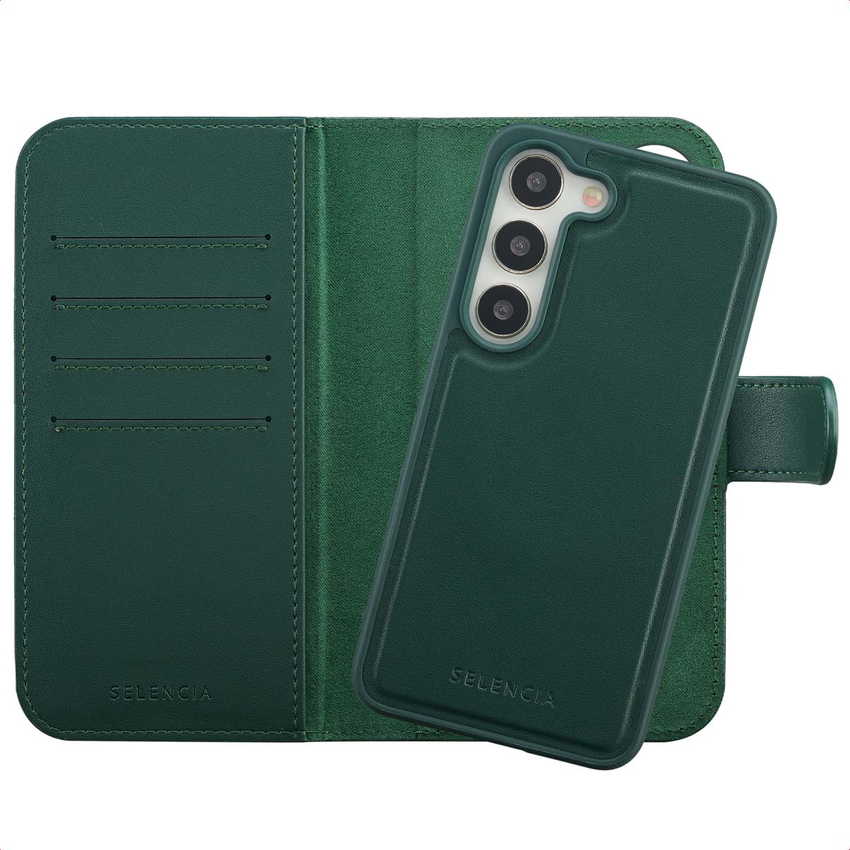 Étui de téléphone vert avec portefeuille. Comprend un téléphone, des fentes pour cartes et une fermeture magnétique. Marque SELENCIA visible.