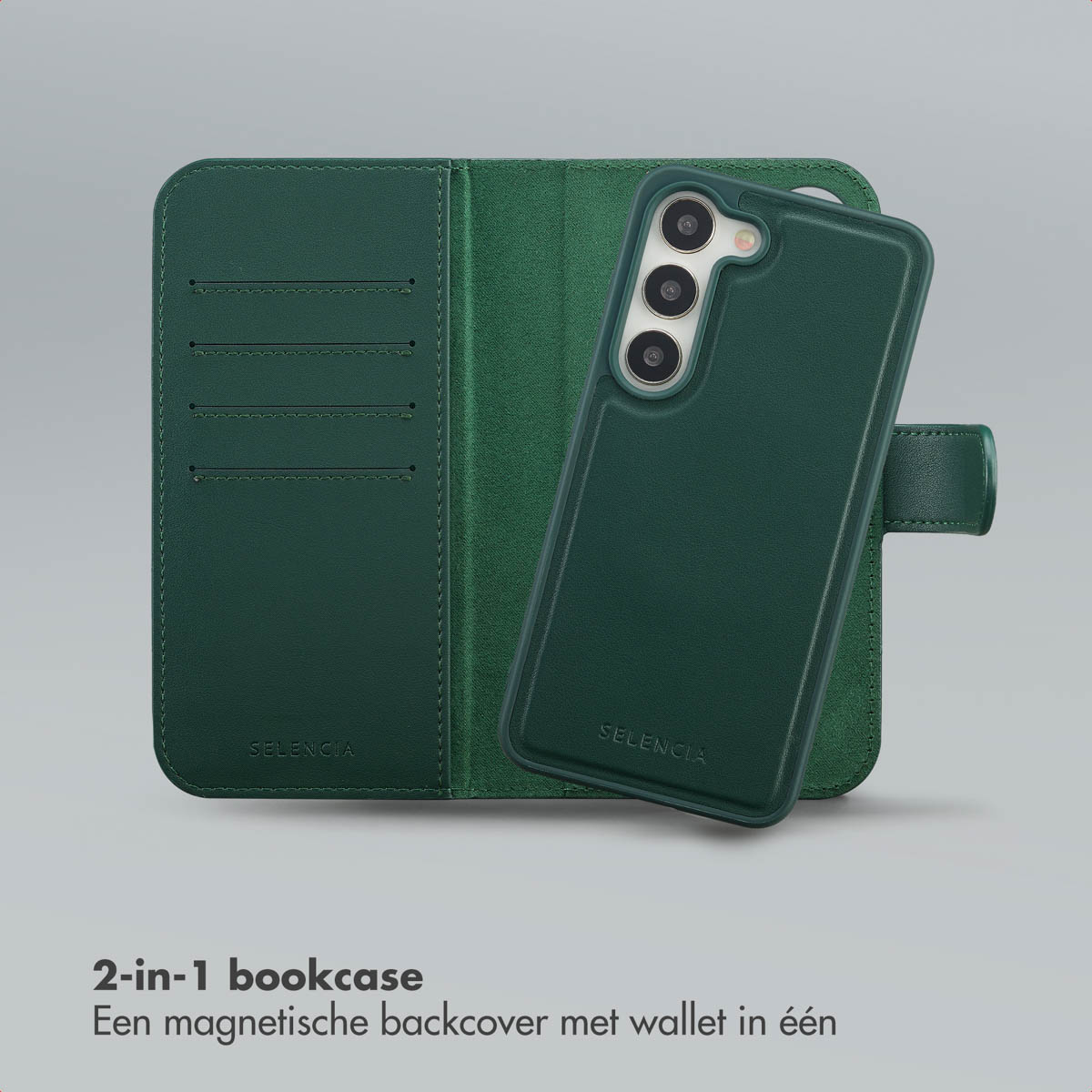Ensemble étui de téléphone et portefeuille vert ouvert et affiché. L'ensemble est sur fond clair, avec le nom de la marque visible.