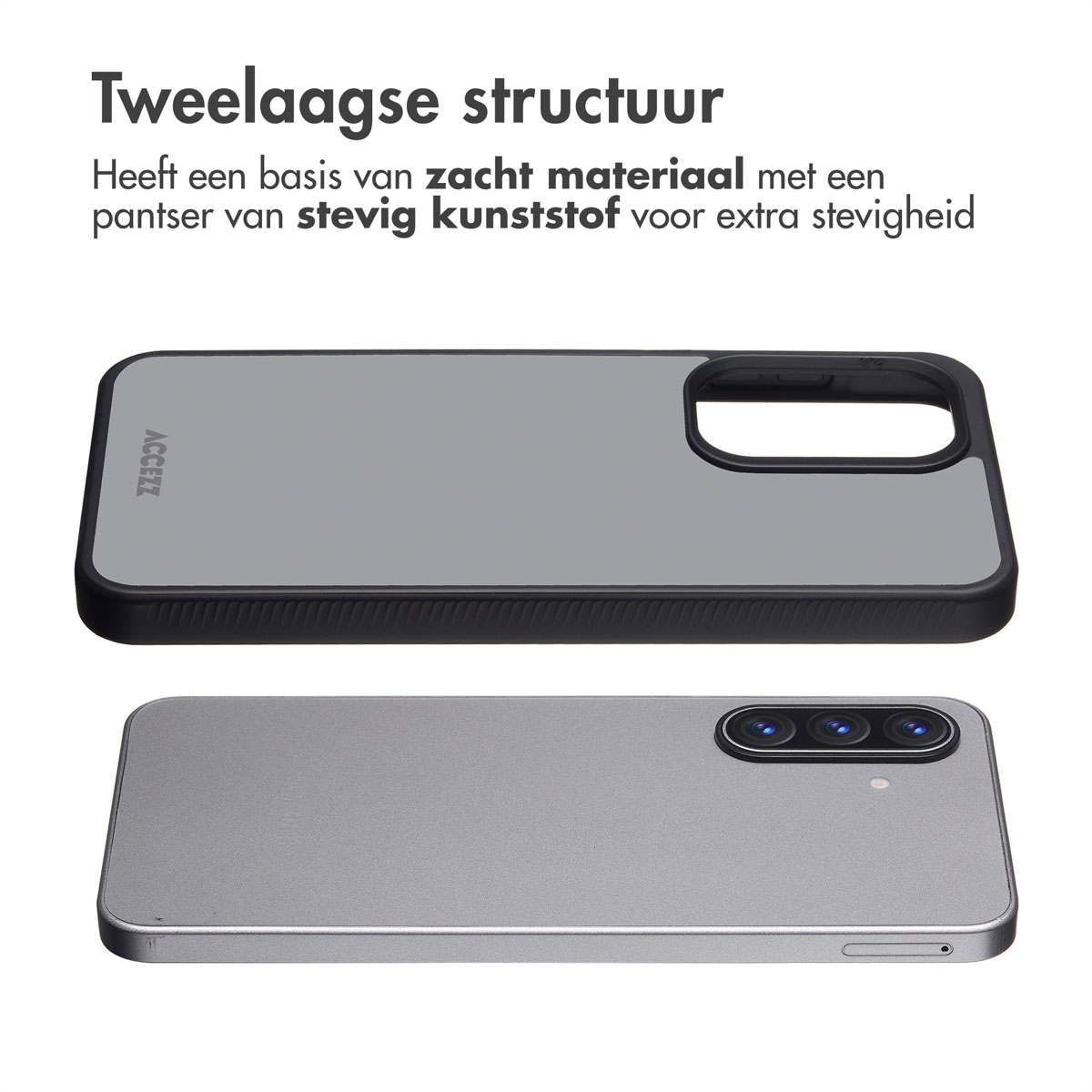 Two-layer structure with a phone case. The top shows the case's back and camera cutout. The bottom shows the phone's back.