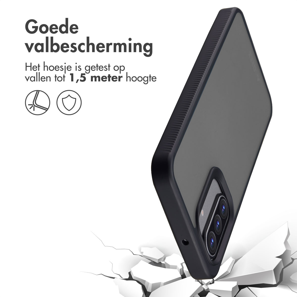 A phone case in a fall test. It has a black frame and a gray back. The text says 'Good drop protection' and 'Tested on 1.5m height'.