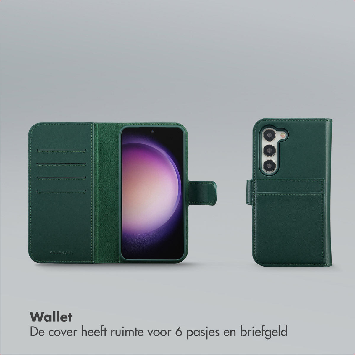 Une coque de téléphone verte avec un téléphone à l'intérieur et un design portefeuille. La coque est ouverte, une seconde est à droite.