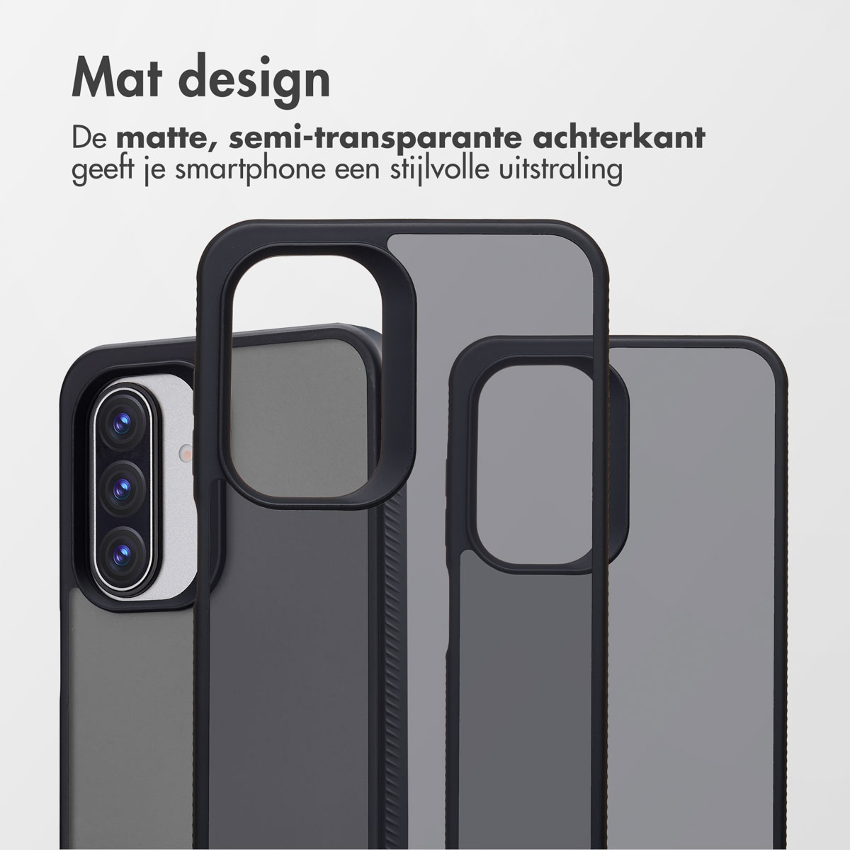 Three phone cases, black frames with gray translucent backs. Text 'Mat design' at top.