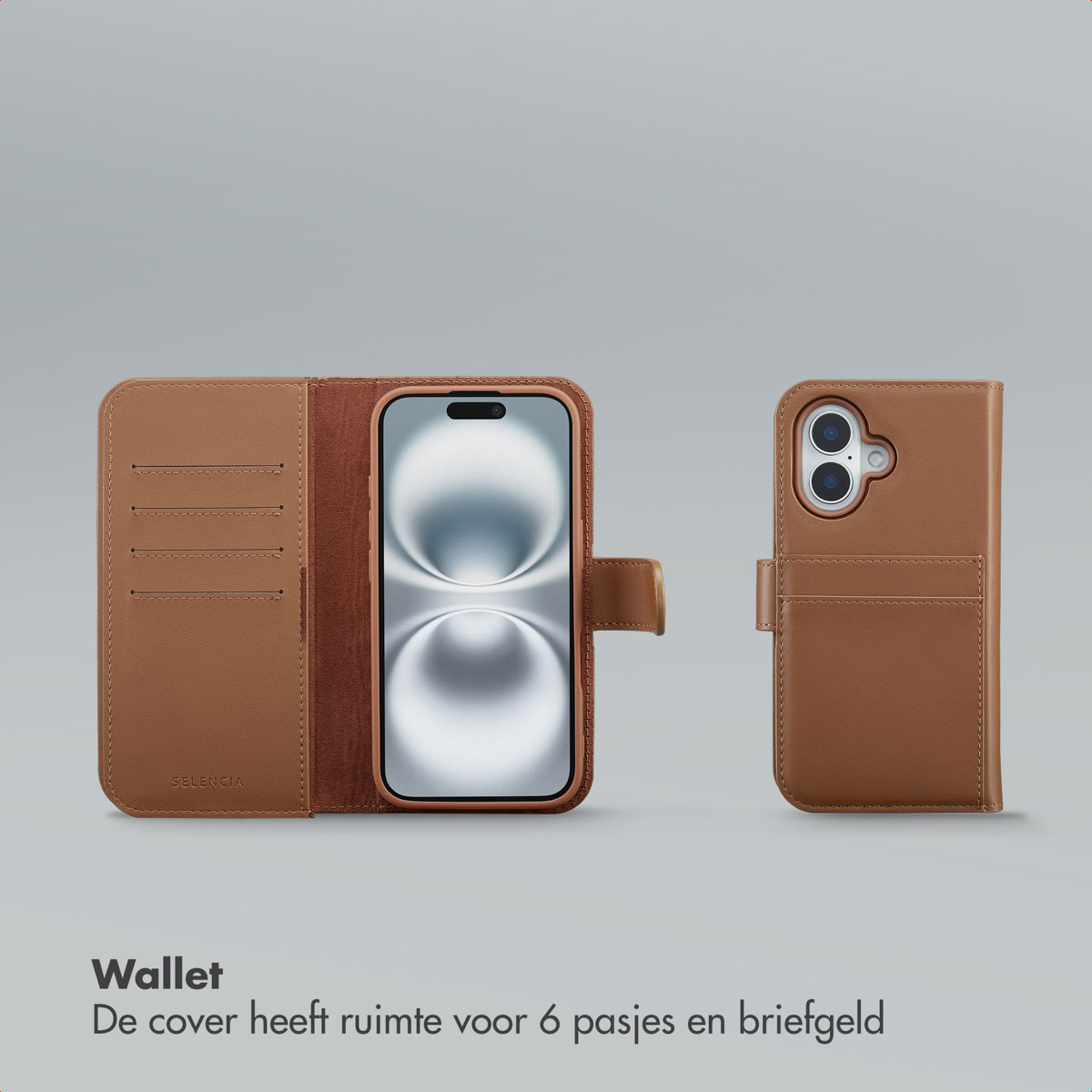 Bruine leren telefoonhoes met open portemonnee-ontwerp. Het heeft kaartsleuven en een magnetische sluiting. Een telefoon is zichtbaar binnenin.