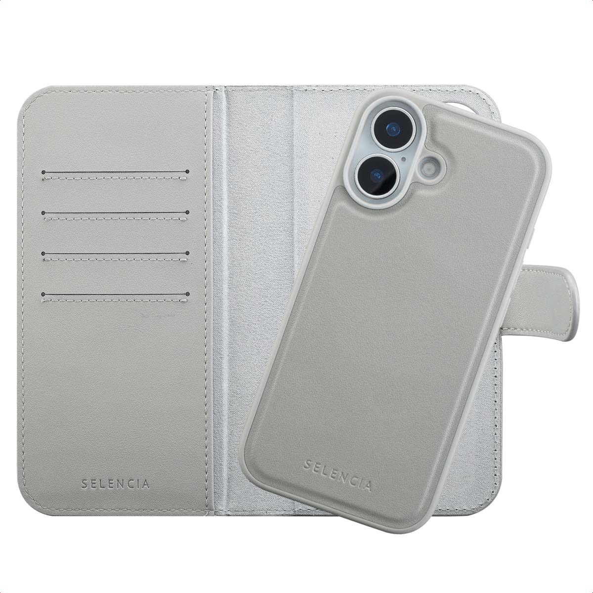 Un étui de téléphone gris clair, ouvert, affichant un téléphone. L'étui a des fentes pour cartes et la marque SELENCIA est visible.
