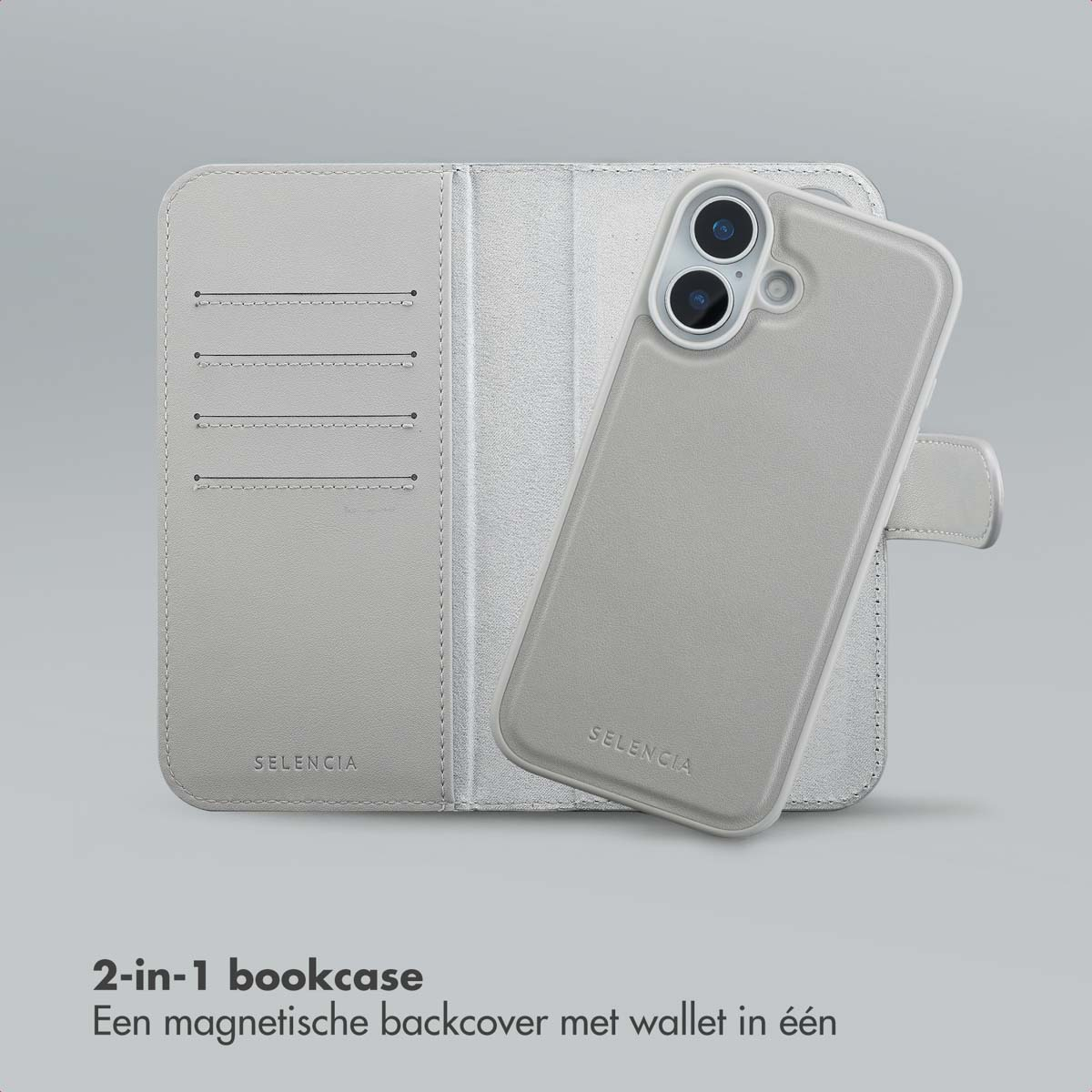 Un étui et un portefeuille de téléphone gris clair sont ouverts, montrant des fentes pour cartes et un téléphone. La marque est Selencia.