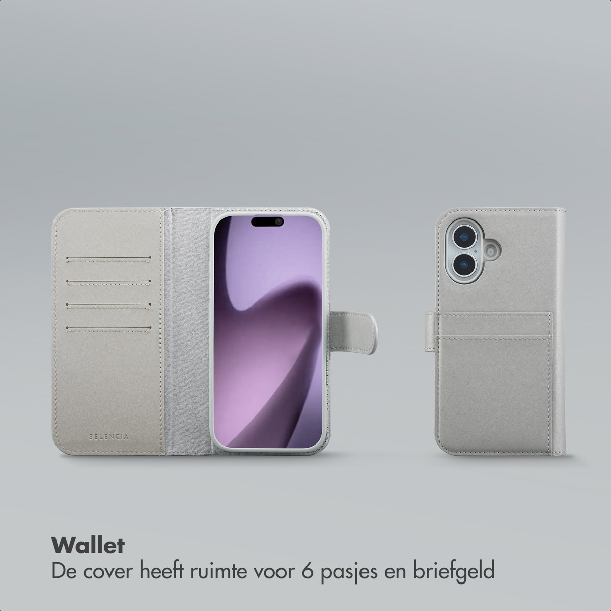 Un étui de téléphone gris clair est ouvert, révélant un téléphone avec un écran violet. Un autre étui fermé est à droite.