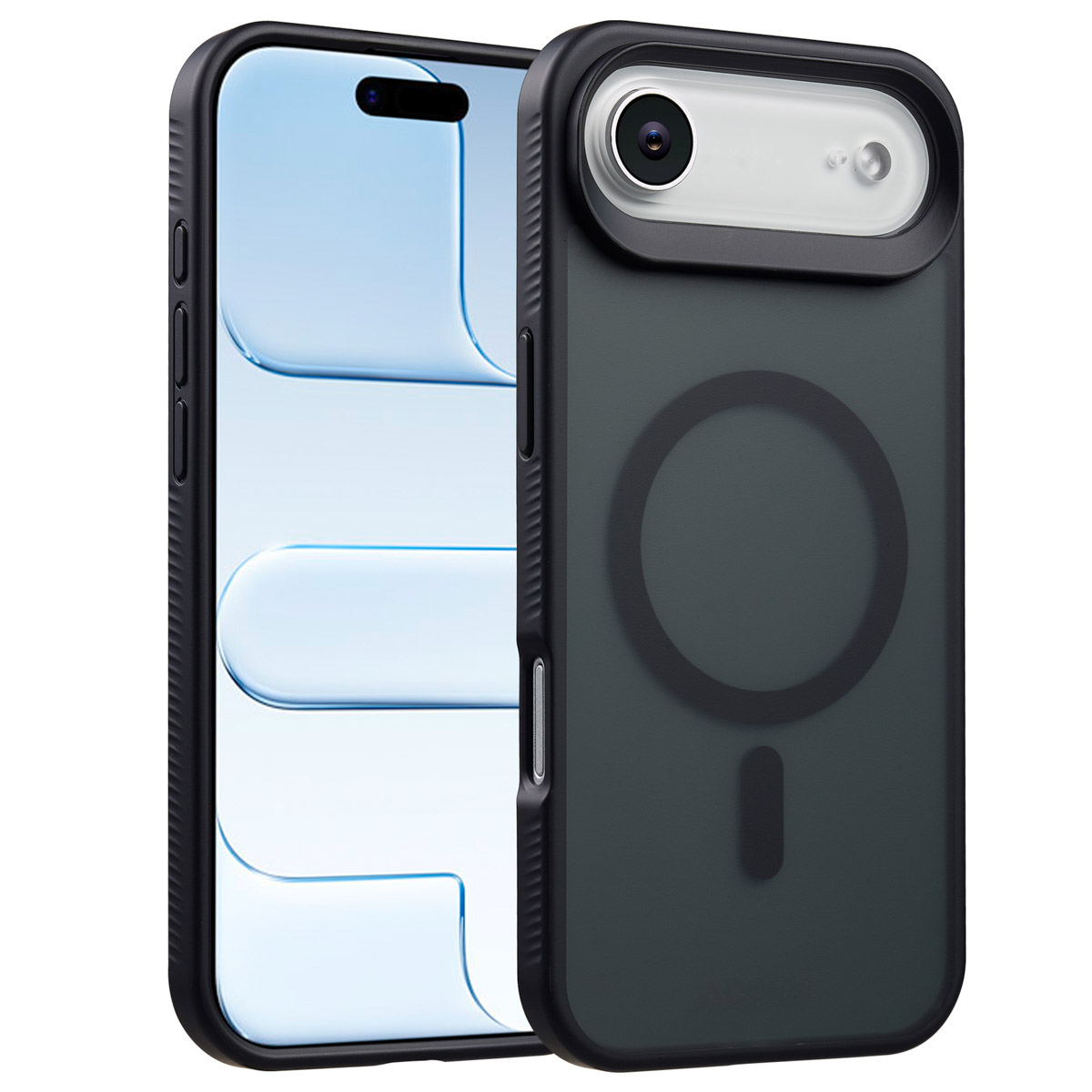 Een zwarte telefoonhoes, met de achterkant en een telefoonscherm. De hoes heeft een camera-uitsparing en een magnetische cirkel.