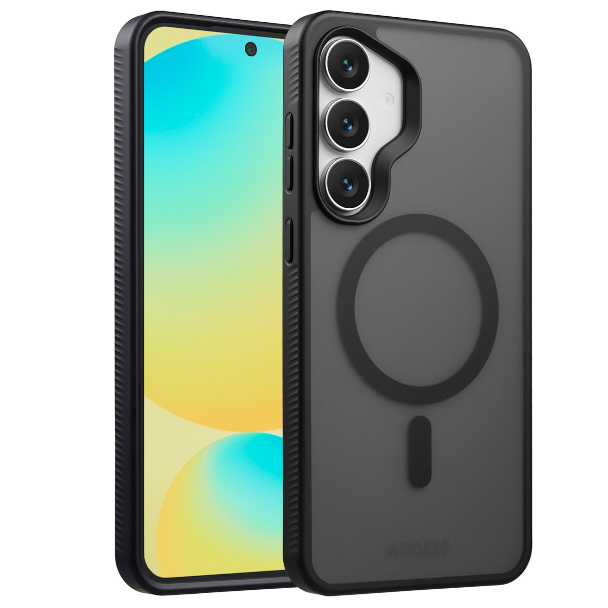 Een smartphone met een hoesje. De hoes is zwart met een magnetische ring. Het telefoonscherm toont een vage gele en blauwe gradiënt.
