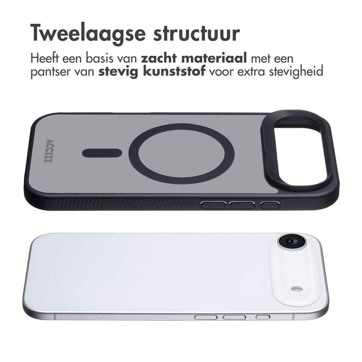 Een telefoonhoesje, bovenaanzicht toont een grijze achterkant met een zwarte cirkel en camera-uitsparing. Daaronder de witte achterkant van de telefoon.