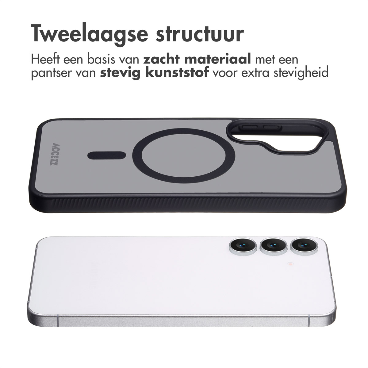 Telefoonhoesje met grijze achterkant en zwarte rand, boven een witte telefoon. Tekst in het Nederlands.