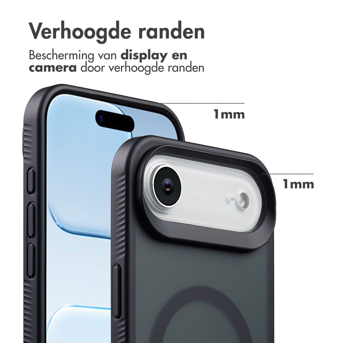 De afbeelding toont een telefoon met een beschermhoesje. De hoes heeft verhoogde randen, die het scherm en de camera beschermen. 1mm metingen zijn getoond.