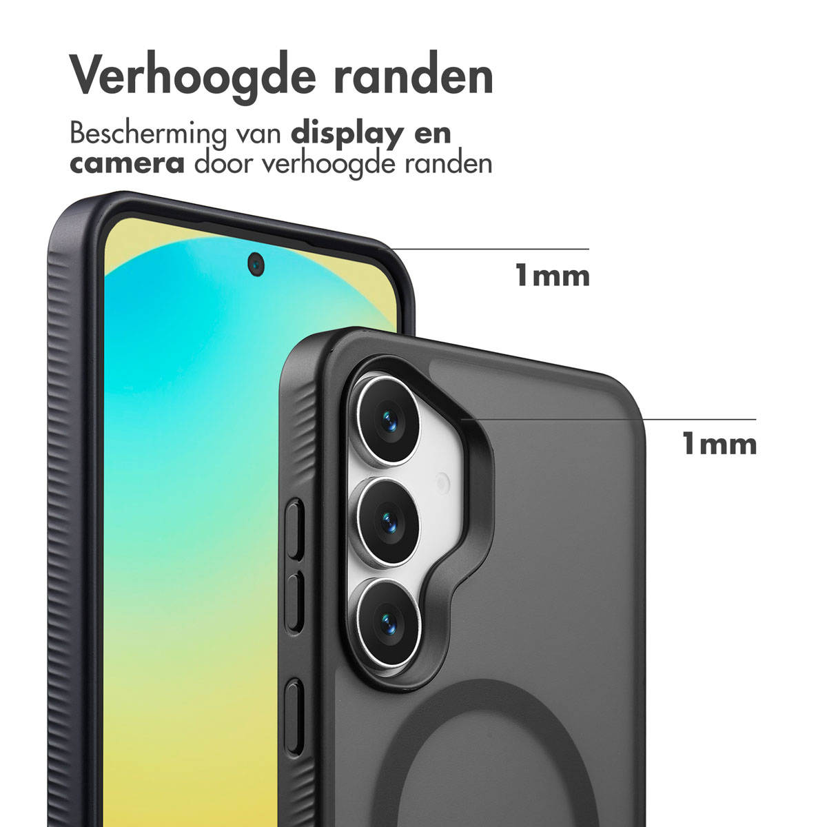 Een telefoon met een zwarte hoes, met verhoogde randen voor scherm- en camerabescherming. Tekst geeft 1 mm hoogte aan.