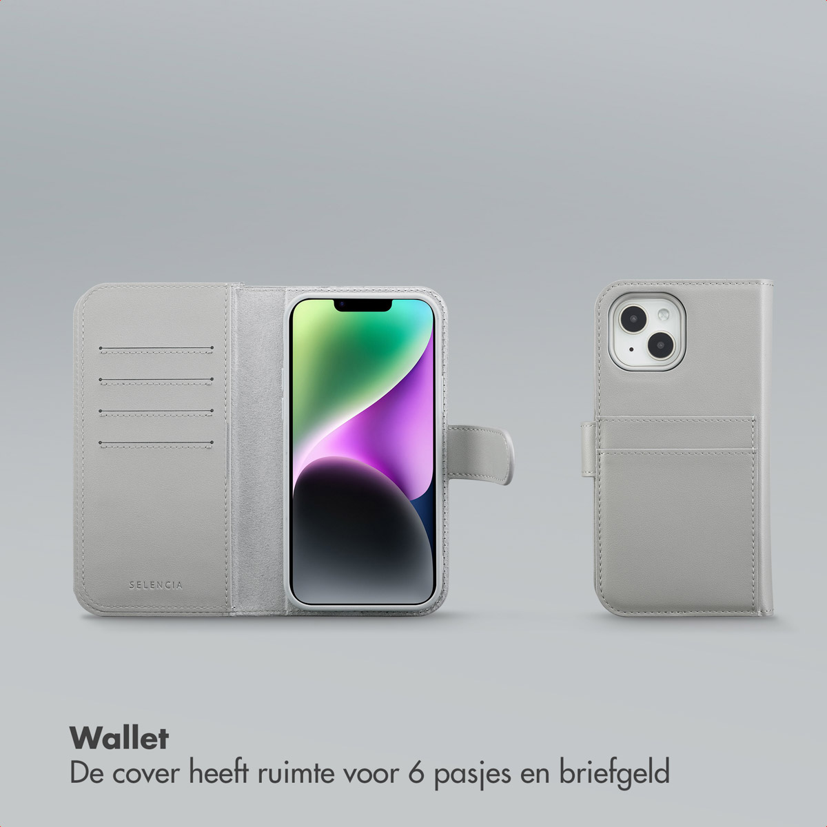 Een lichtgrijze telefoonhoes met een telefoon erin. Rechts een bijpassende hoes. Het telefoonscherm toont een kleurrijke afbeelding.