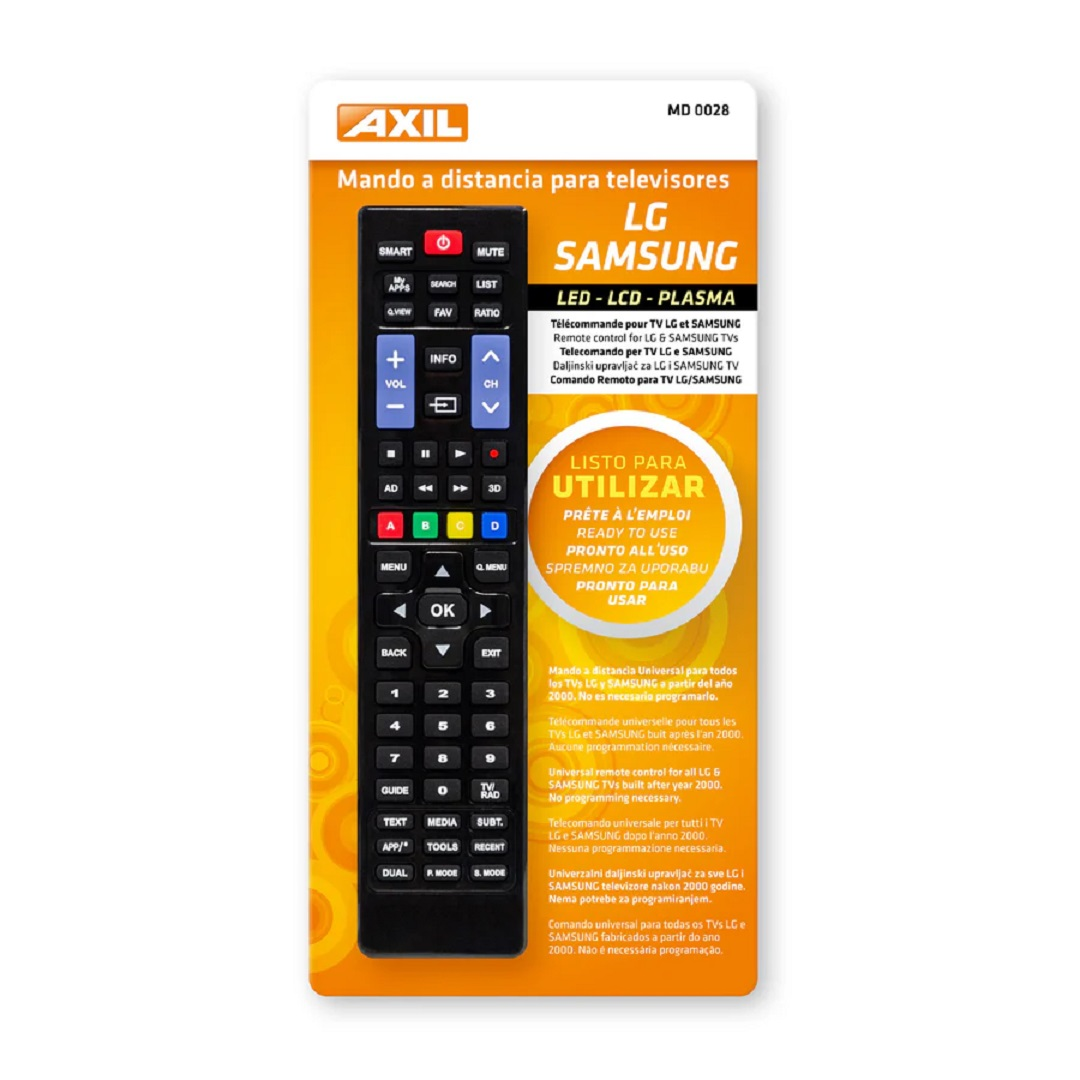 Un mando a distancia para televisores LG y Samsung en un paquete. Listo para usar, botones negros y texto blanco.