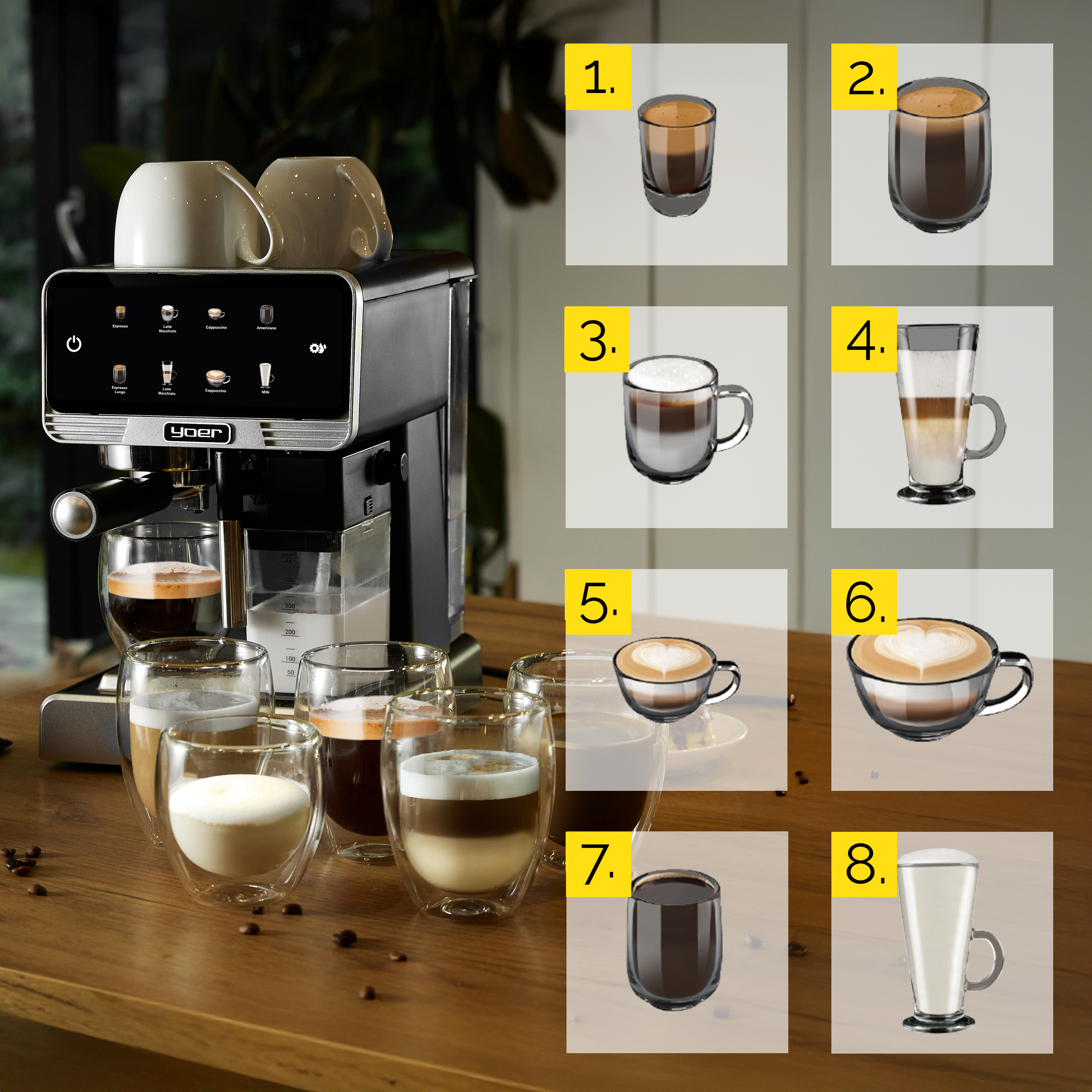 Ekspres do kawy z różnymi napojami kawowymi w szklankach i filiżankach. Wyświetlanych jest kilka rodzajów kawy.